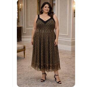 Signature by Robbie Bee Silk Chiffon Black and Gold Midi Dress Size 24W